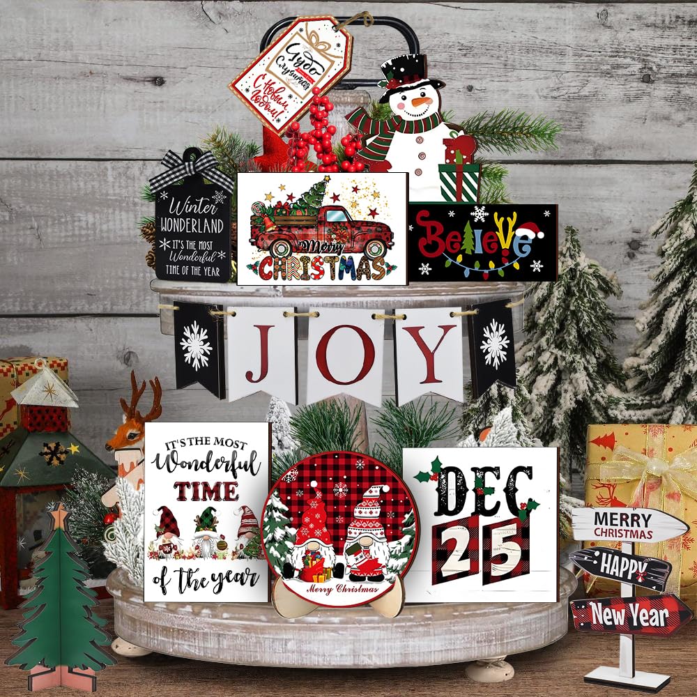 Nialnant 19 PCS Christmas Tiered Tray Decor, Christmas Tiered Tray Decorations Set, Snowflake Joy Snowman Wood Table Signs for Winter Table Centerpieces Home Decorations