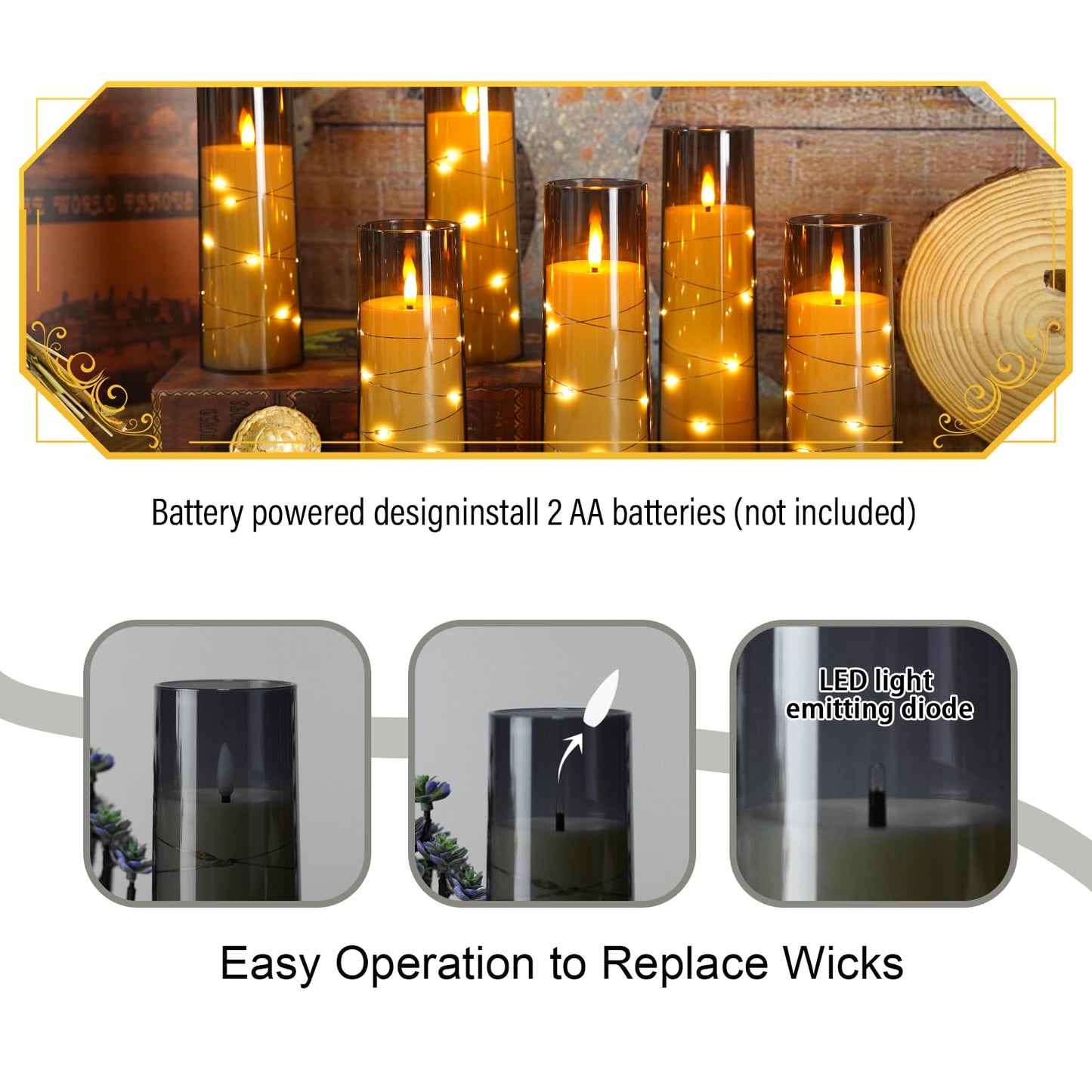 Eebuss Flameless Candles with Embedded Star String, Battery Operated LED Pillar Candles with Timer and Remote Control,Home Decorating for Ambiance, Set of 7(Grey)