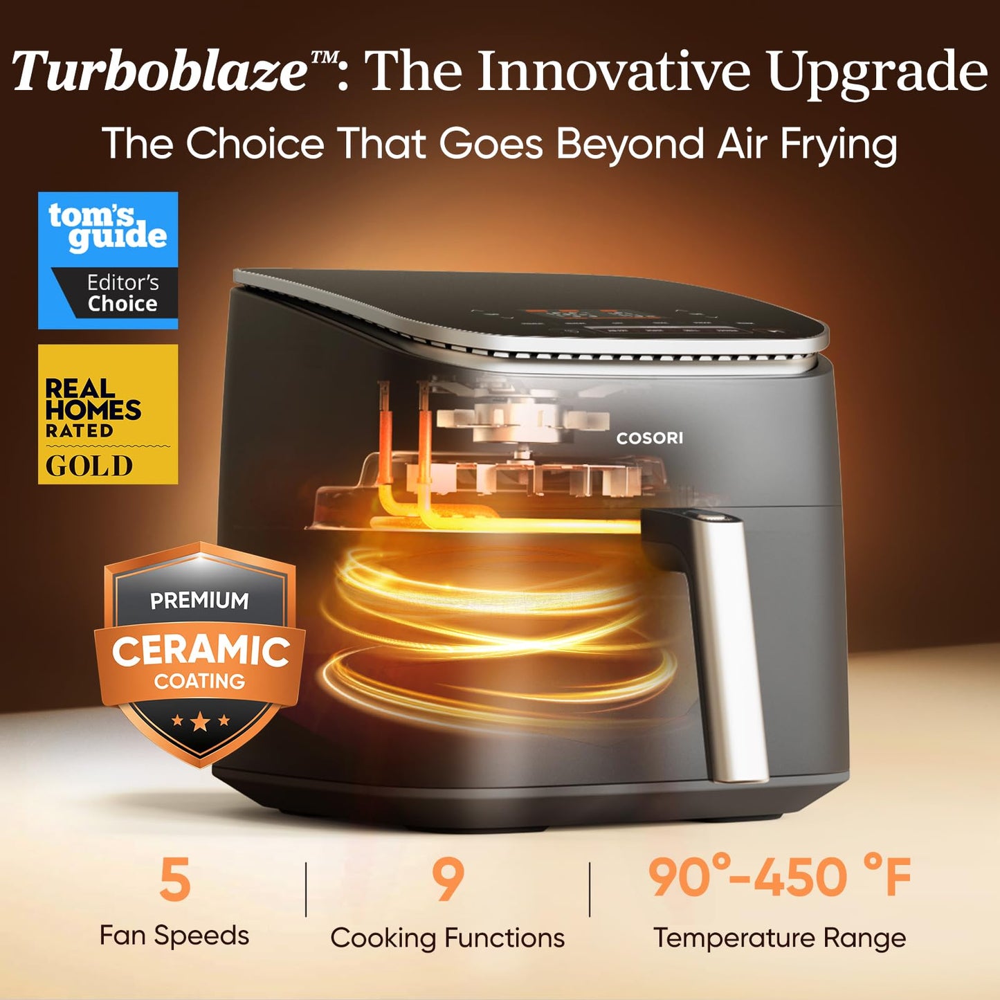 Cosori 9-in-1 TurboBlaze Air Fryer 6 Qt, Premium Ceramic Coating, 90ยฐโ450ยฐF, Precise Heating for Even Results, Air Fry, Roast, Bake, Broil, Dry, Frozen, Proof, Reheat, Keep Warm, 120V, Dark Gray