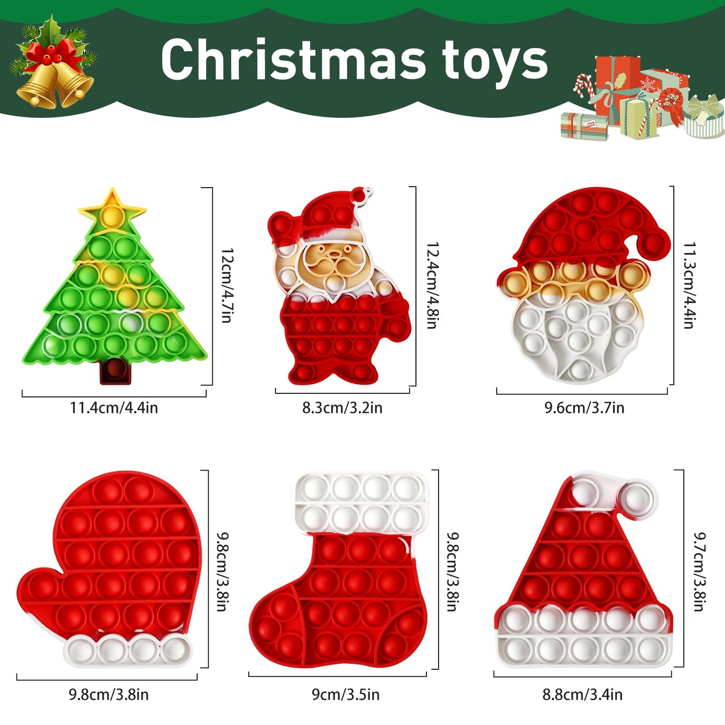 QETRABONE 6 Pcs Christmas Fidget Toy Set, Push Bubble Fidget Sensory Toy for Adult, Party Game Decor Gift Xmas Stockings Toys Christmas Decorations Autism ADHD Decompression Toys