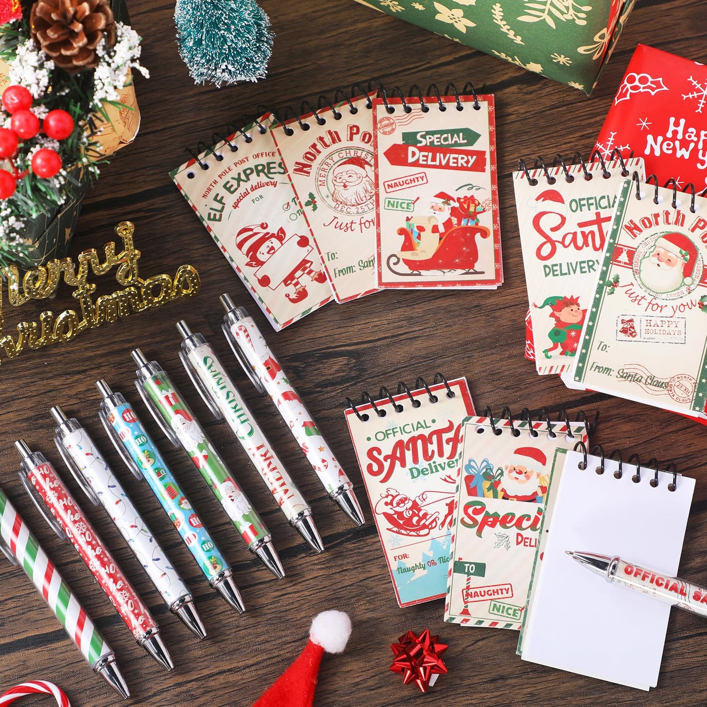 Zhanmai 32 Pcs Christmas Mini Notepads with Pens Set North Pole Spiral Notepads Official Santa Delivery Pens Xmas Memo Notebooks Ballpoint Pen for Kids Xmas Holiday Party(Classic Color)