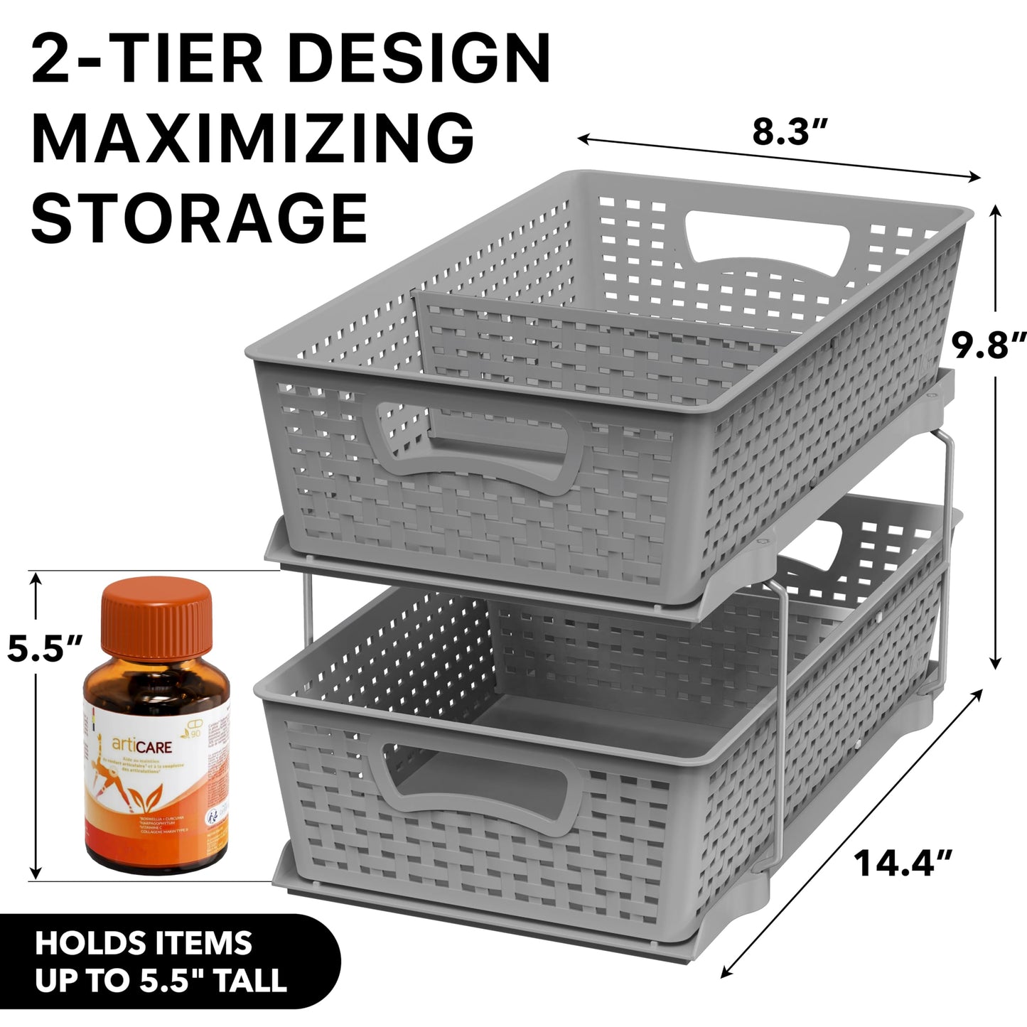 Simple Houseware 2 Tier Bathroom Organizer Tray Pull-Out Sliding Drawer, Under Sink Storage, Gray