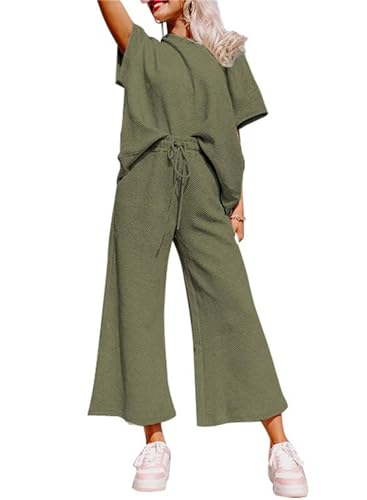 Women's 2 Piece Outfits Lounge Sets Summer Textured Batwing Sleeve Pullover Tops Wide Leg Pant Set(Army Green,S)