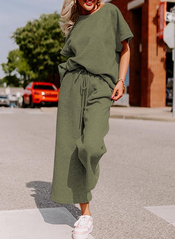 Women's 2 Piece Outfits Lounge Sets Summer Textured Batwing Sleeve Pullover Tops Wide Leg Pant Set(Army Green,S)