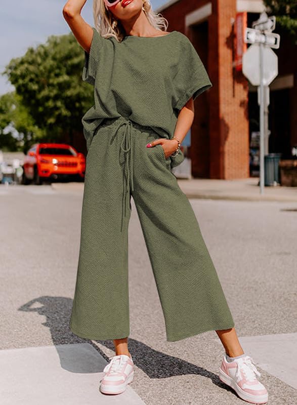 Women's 2 Piece Outfits Lounge Sets Summer Textured Batwing Sleeve Pullover Tops Wide Leg Pant Set(Army Green,S)