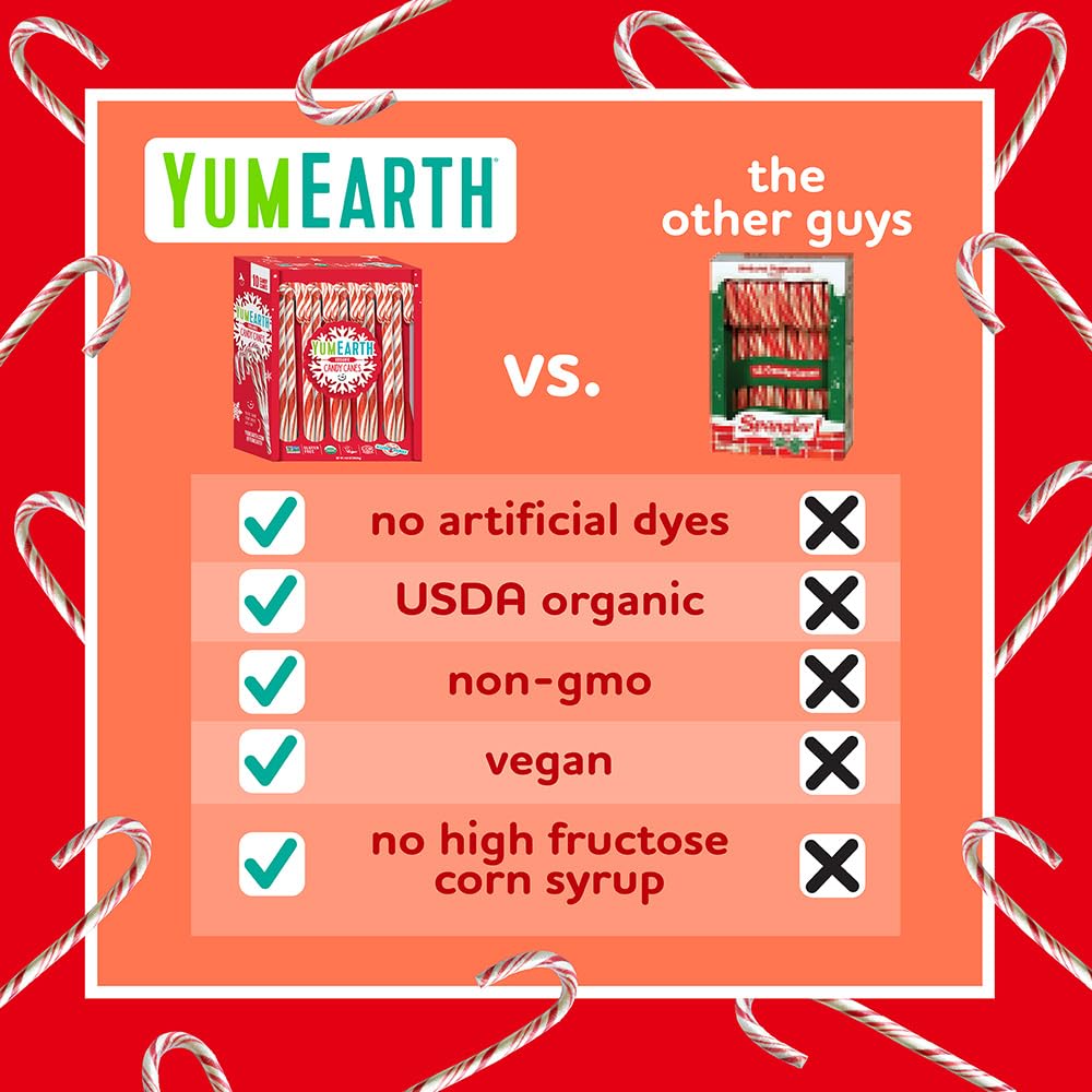 YumEarth Organic Candy Canes - Individually Wrapped Full Size Peppermint Candy Canes - Allergy Friendly, Non GMO, Gluten Free, Vegan, Dye Free Christmas Candy - 10 Count (Pack of 1)