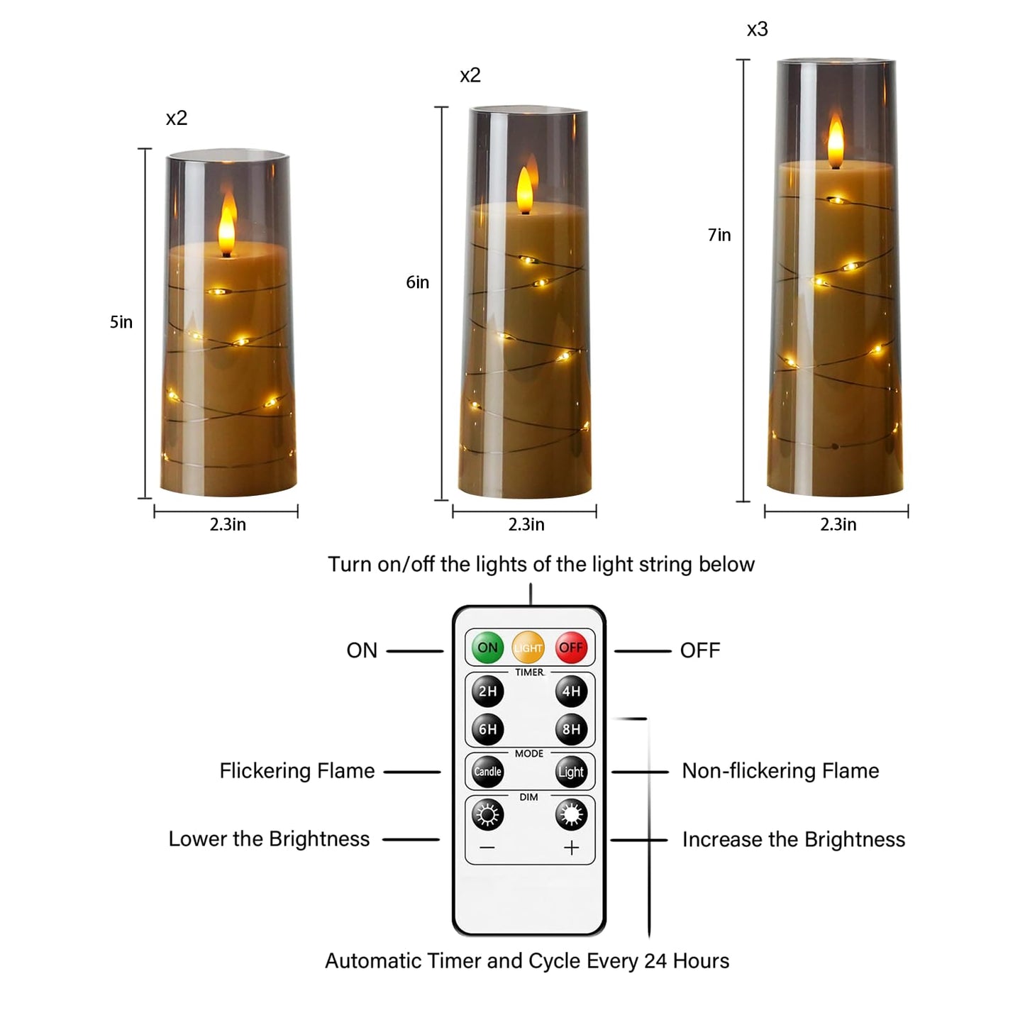 Eebuss Flameless Candles with Embedded Star String, Battery Operated LED Pillar Candles with Timer and Remote Control,Home Decorating for Ambiance， Set of 7(Grey)