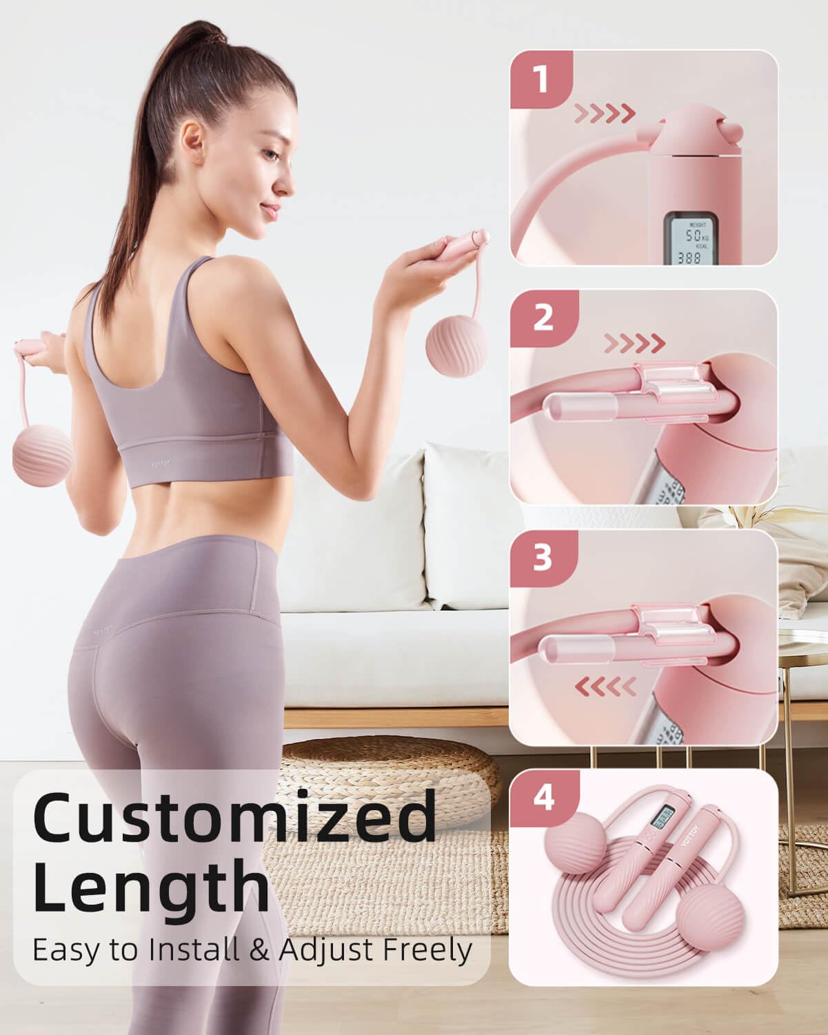 YOTTOY Cordless Jump Rope with Counter - Ropeless Jump Rope 2 In 1 with Large Cordless Ball-Weighted for Women with LCD Display (Pink)