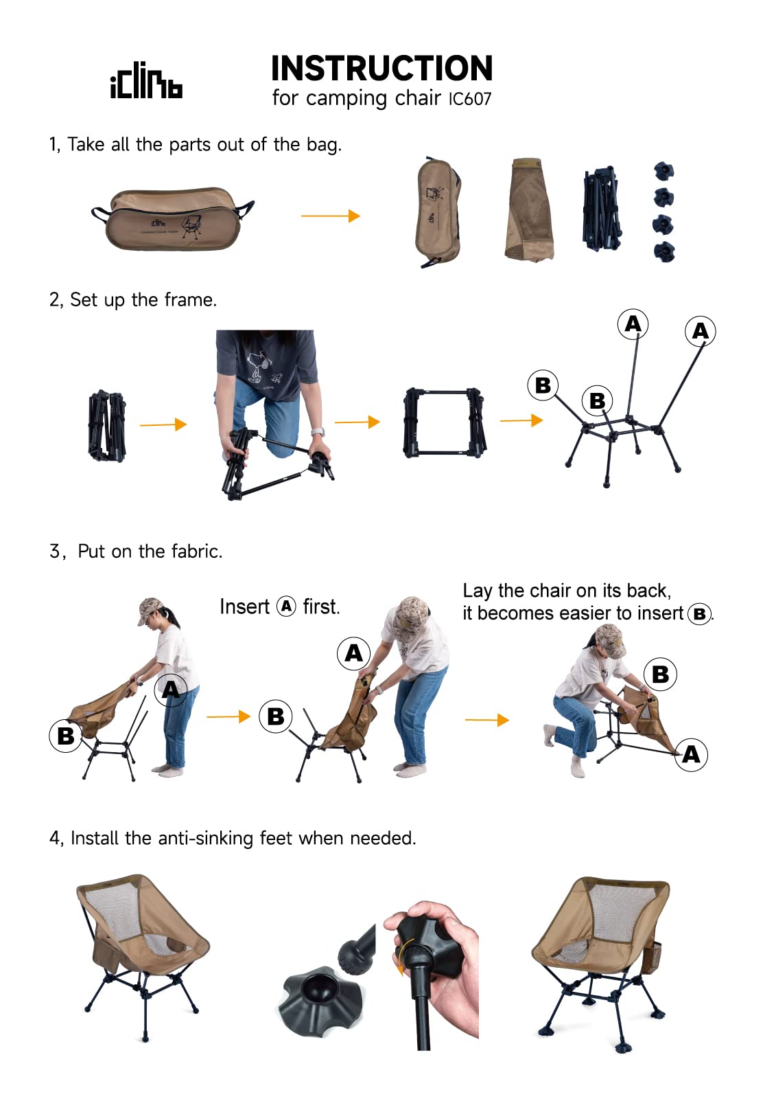 iClimb Ultralight Compact Camping Folding Beach Chair with Anti-Sinking Large Feet and Back Support Webbing (Black - Square Frame)