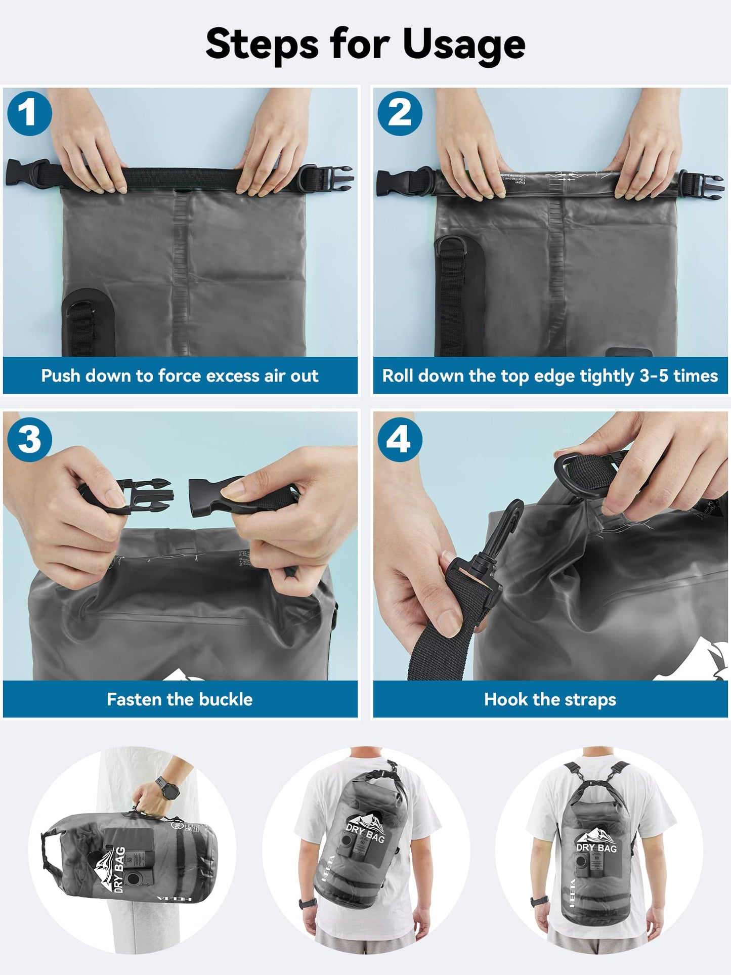 HEETA Dry Bag Waterproof for Women Men, Roll Top Lightweight Dry Storage Bag Backpack with Phone Case for Travel Swimming Boating Kayaking Paddle Board Camping Beach Accessories (Transparent Black,5L)