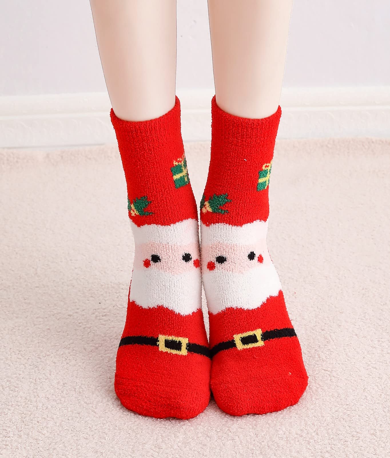 Gellwhu Adult Christmas Fuzzy Socks with Grips Plus Size Warm Winter Luxury Cozy Fluffy Holiday Socks Stocking Stuffers Gifts 10 Pairs C