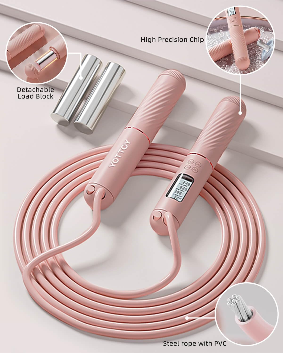 YOTTOY Cordless Jump Rope with Counter - Ropeless Jump Rope 2 In 1 with Large Cordless Ball-Weighted for Women with LCD Display (Pink)