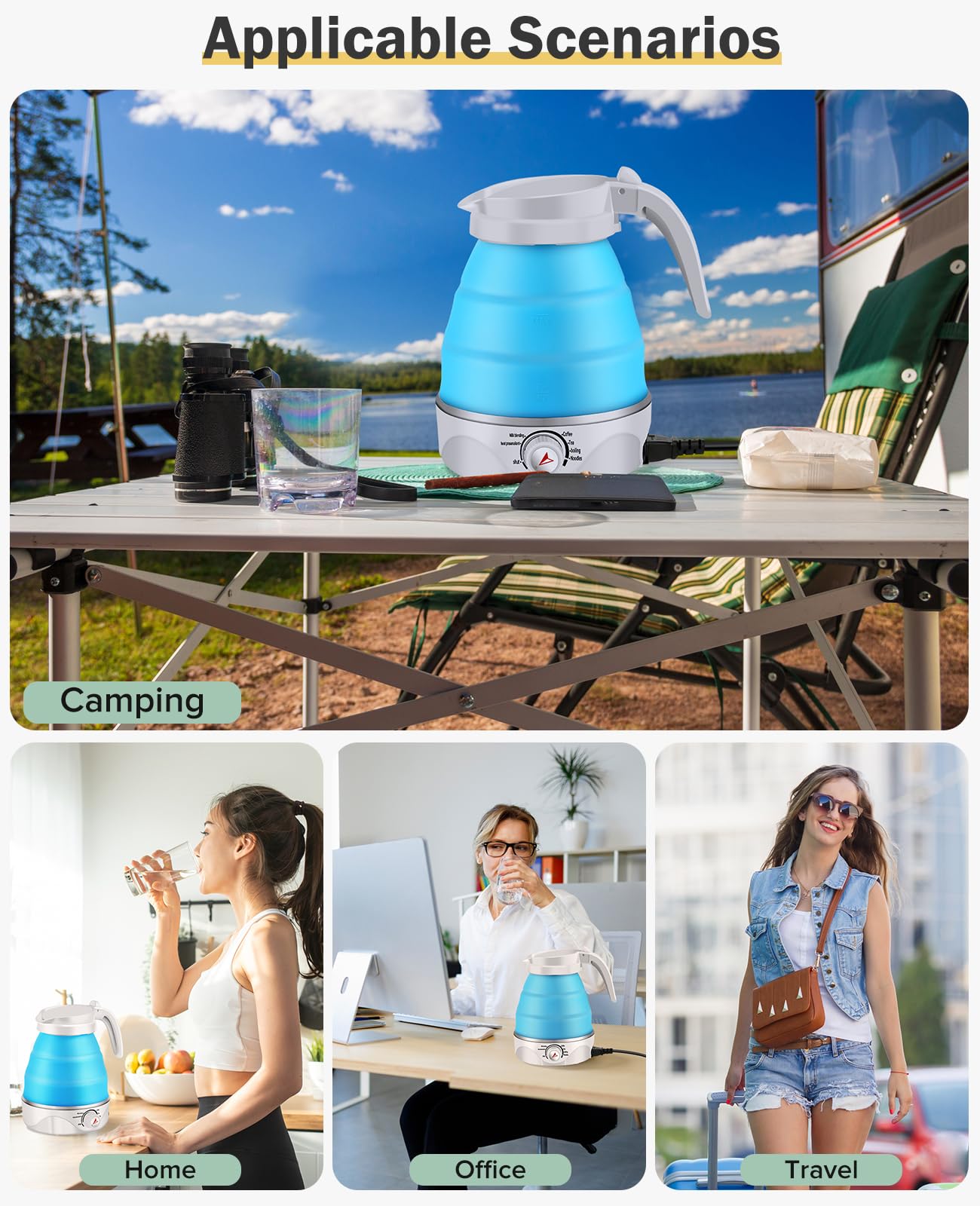 Portable Electric Travel Kettle, 600ml Collapsible Silicone Kettle with Temperature Adjustment Function for Camping, Hotels and Travel (BLUE)