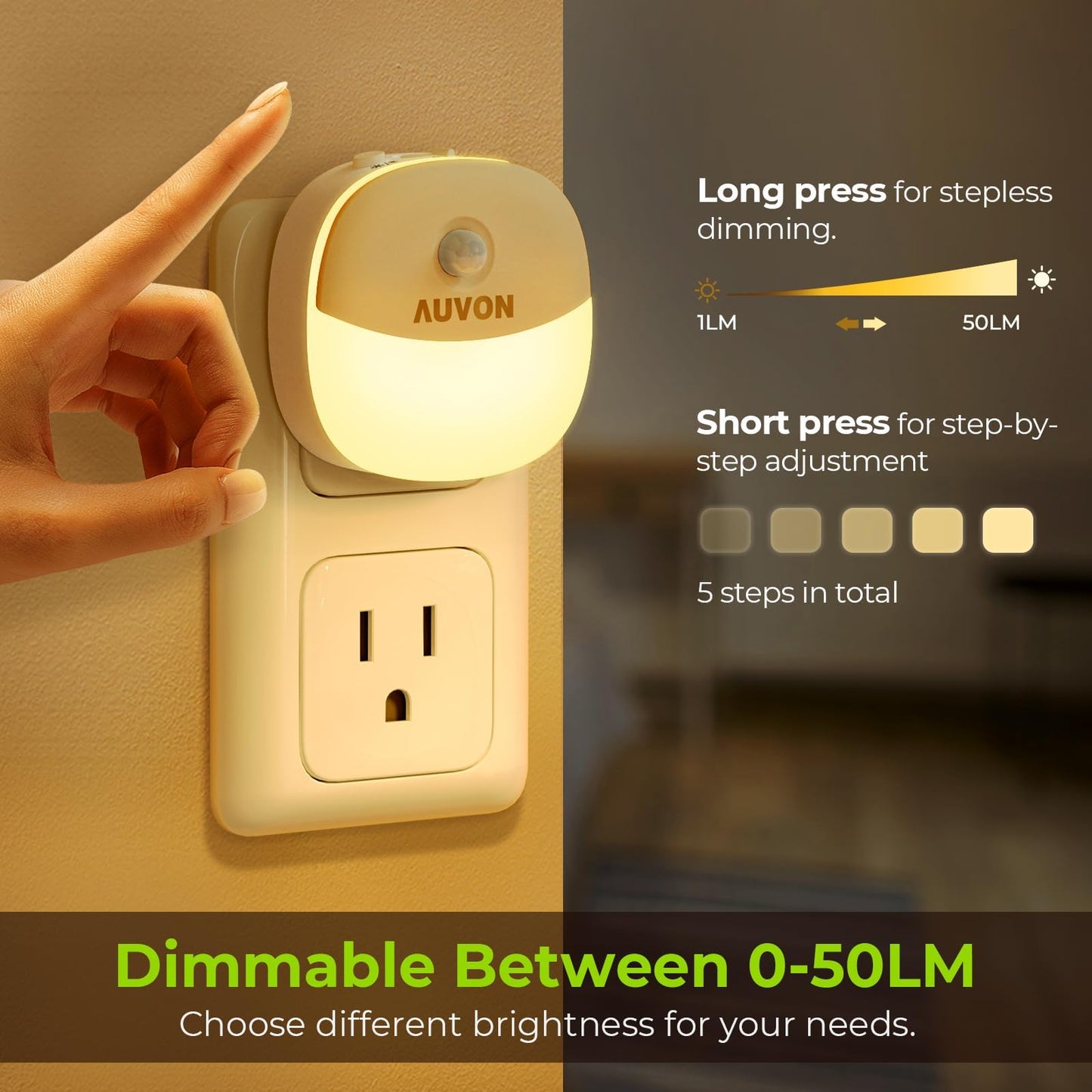 AUVON Plug in Night Light with Motion Sensor and Dusk to Dawn Sensor, Mini Warm White LED Nightlight with 1-50 lm Adjustable Brightness for Bathroom, Hallway, Stairs, Bedroom, Kitchen, 4 Packs