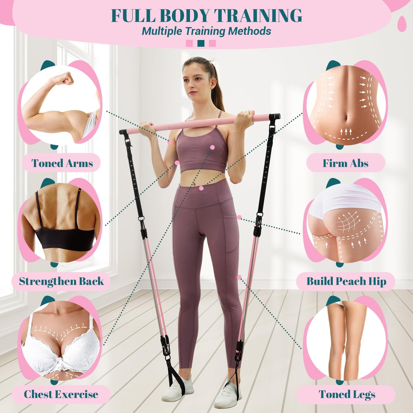 Pilates Bar Kit with Resistance Bands, Multifunctional Yoga Pilates Bar with Heavy-Duty Metal Adjustment Buckle, Portable Home Gym Pilates Resistance Bar for Women Full Body Workouts(20-150LBS)-Pink