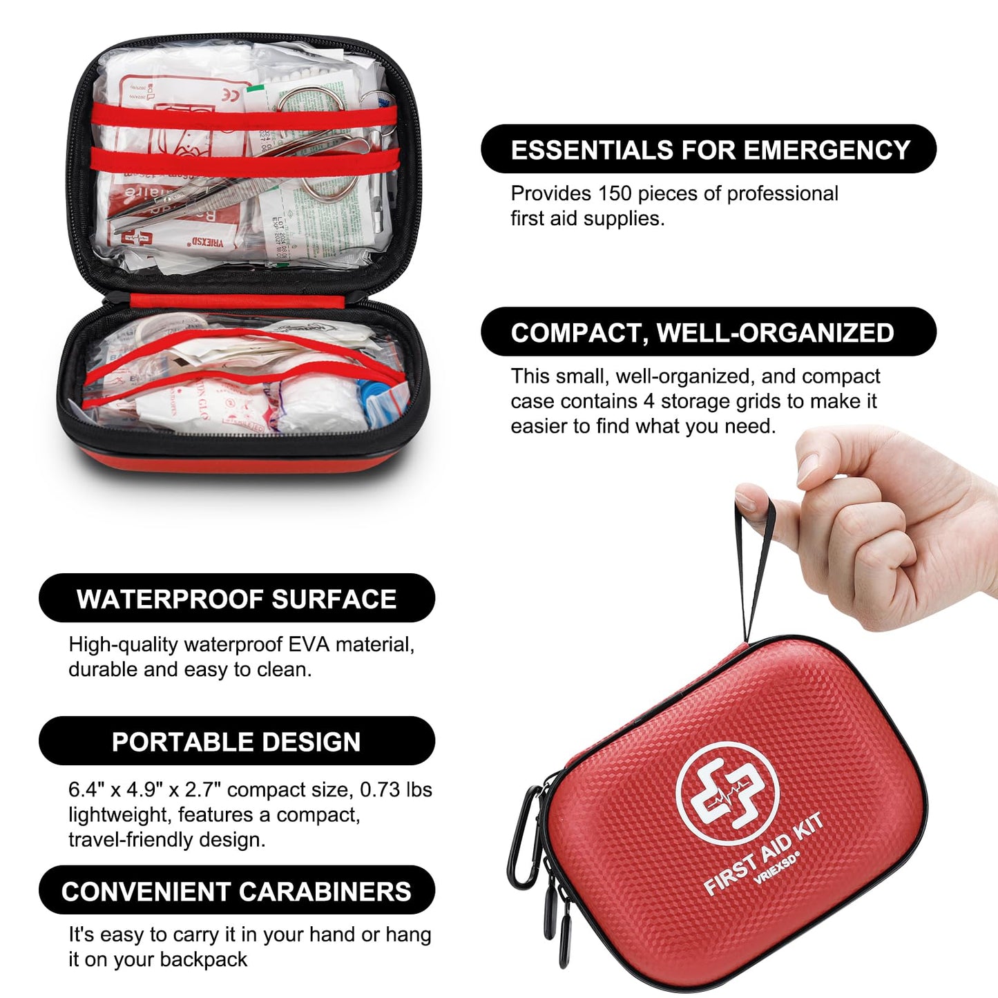 Mini First Aid Kit - 150 Piece Small Waterproof Hard Shell Medical Kit for Home, Car, Travel, Camping, Truck, Hiking, Sports, Office, Vehicle & Outdoor Emergencies- Small First Aid Medical Kit (Red)