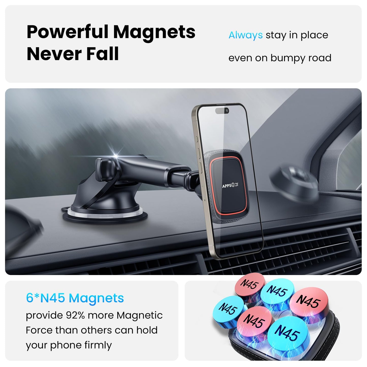 APPS2Car Magnetic Phone Mount for Car, Dashboard & Windshield Suction Cup Holder with Telescopic Arm, Requires Metal Plate (Included), Universal Fit for iPhone & Android Smartphones