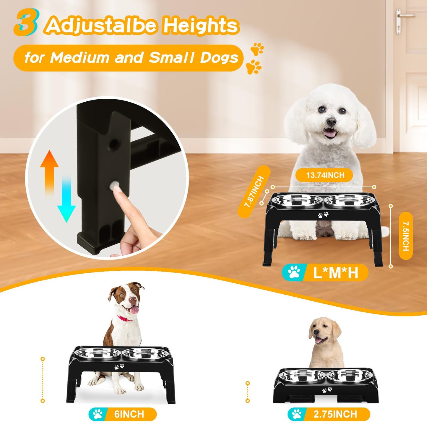 COMESOON Elevated Dog Bowls for Small Medium Dogs, 3 Height Adjustable Raised Stand with 2 Thick 6" Stainless Steel Food Bowls, Non-Slip Feeder Adjusts to 2.75", 6", 7.5", Black