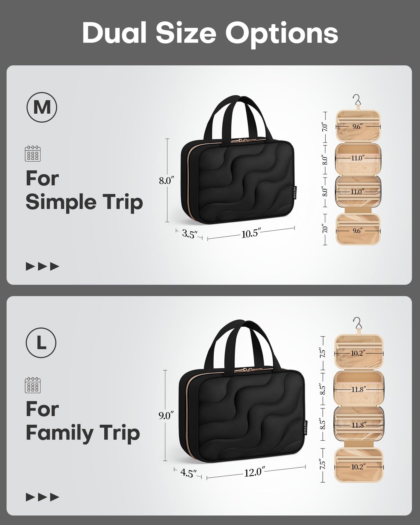 HOTOR Hanging Toiletry Bag - Spacious Travel Toiletry Bag for Women & Men, Multi-Pocket Makeup Organizer, Travel & Cruise Essentials for Business Trip, Gym, Black, 11.0" x 8.7" x 3.9"