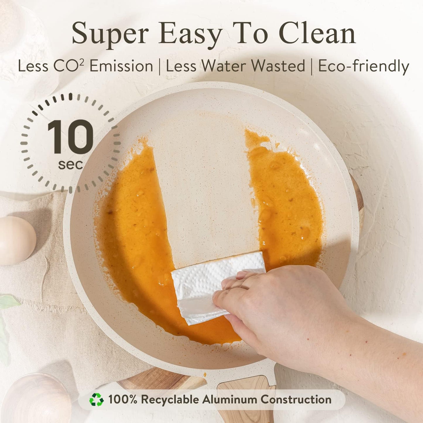 CAROTE Non Stick Frying Pan Skillet, Omelet Pan, Healthy Non Toxic Granite Chef Pan, Induction Compatible Egg Frying Pan with Heat-Resistant Handle, PFOA-Free,Cream White, 8"