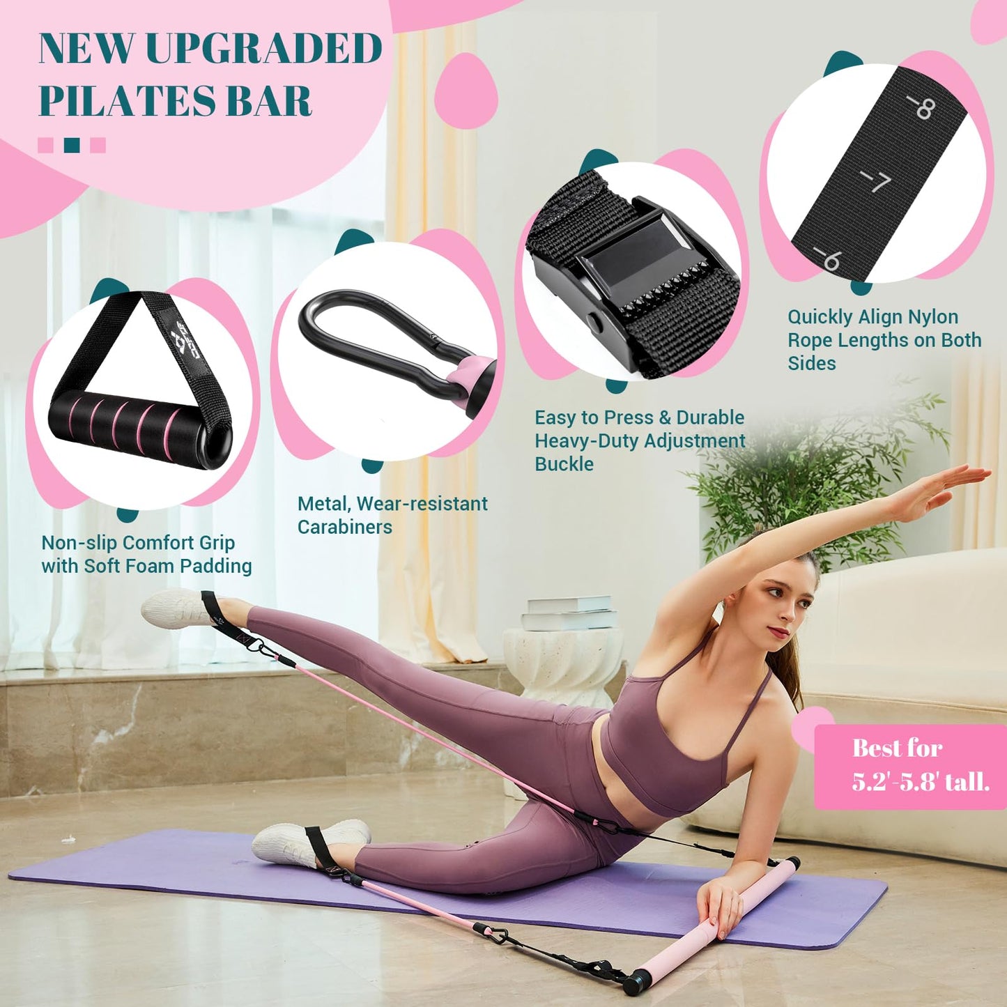 Pilates Bar Kit with Resistance Bands, Multifunctional Yoga Pilates Bar with Heavy-Duty Metal Adjustment Buckle, Portable Home Gym Pilates Resistance Bar for Women Full Body Workouts(20-150LBS)-Pink