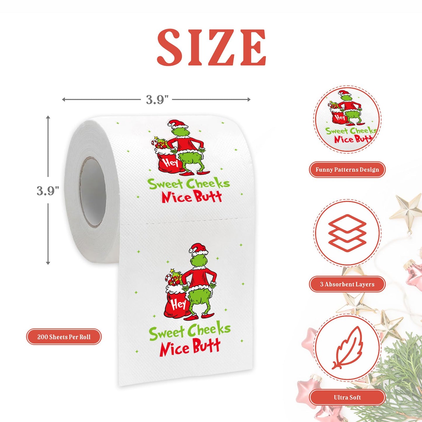 Funny Christmas Toilet Paper, 2 Rolls Holiday Bathroom Toilet Papers, Christmas Bathroom Decorations, White Elephant Gag Gift for Xmas Stocking Stuffers Party Supplies