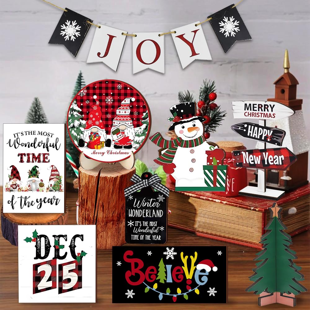 Nialnant 19 PCS Christmas Tiered Tray Decor, Christmas Tiered Tray Decorations Set, Snowflake Joy Snowman Wood Table Signs for Winter Table Centerpieces Home Decorations