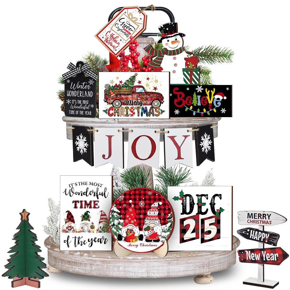 Nialnant 19 PCS Christmas Tiered Tray Decor, Christmas Tiered Tray Decorations Set, Snowflake Joy Snowman Wood Table Signs for Winter Table Centerpieces Home Decorations