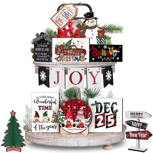 Nialnant 19 PCS Christmas Tiered Tray Decor, Christmas Tiered Tray Decorations Set, Snowflake Joy Snowman Wood Table Signs for Winter Table Centerpieces Home Decorations