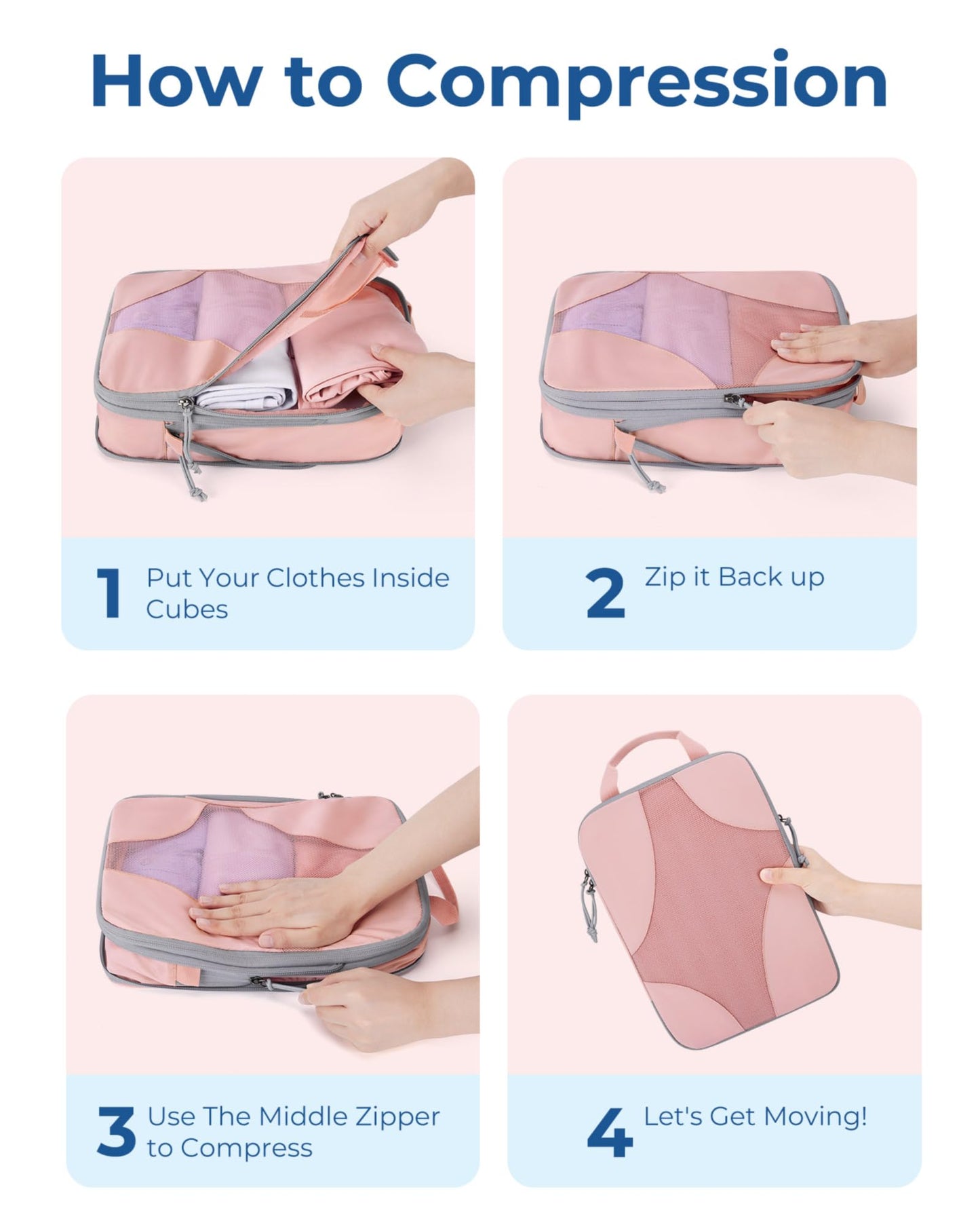 BAGSMART Compression Packing Cubes for Travel, Compressible Luggage Organizer for Carry On Suitcase, Lightweight Travel Essentials 6-Pack 1L+2M+2S+1Shoe Bag, Pink