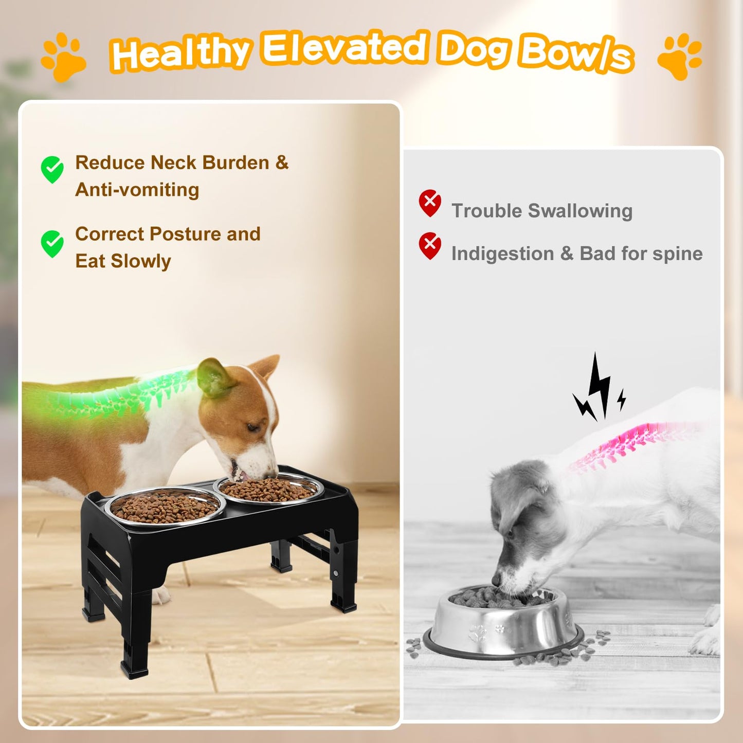 COMESOON Elevated Dog Bowls for Small Medium Dogs, 3 Height Adjustable Raised Stand with 2 Thick 6" Stainless Steel Food Bowls, Non-Slip Feeder Adjusts to 2.75", 6", 7.5", Black