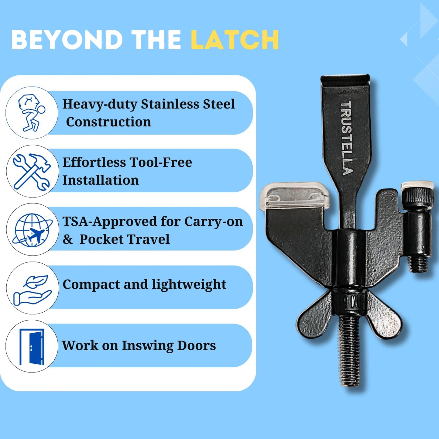 Original Trustella Heavy-Duty Portable Door Lock - Stainless Steel Security Device for Enhanced Safety - Ideal for Home, Travel, Hotels, Apartments - Silicone Protector Caps Included (1, Black)