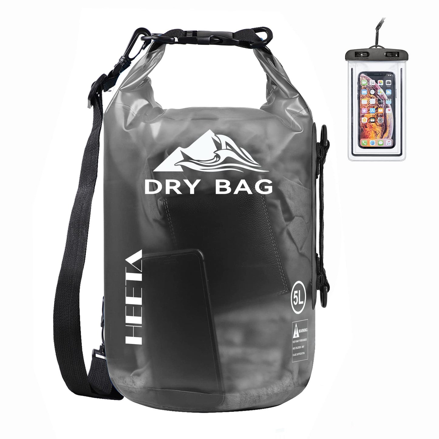 HEETA Dry Bag Waterproof for Women Men, Roll Top Lightweight Dry Storage Bag Backpack with Phone Case for Travel Swimming Boating Kayaking Paddle Board Camping Beach Accessories (Transparent Black,5L)