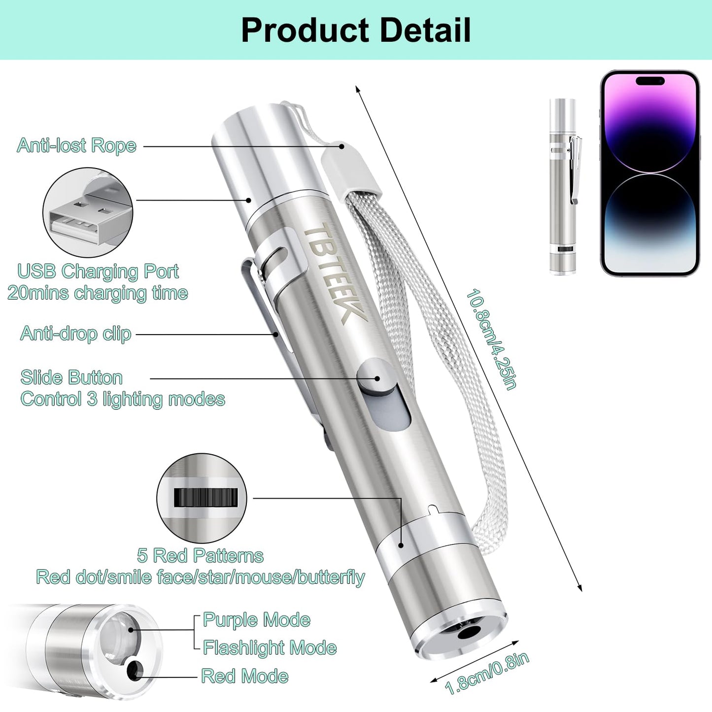 TBTeek Cat Toys, USB Rechargeable Kitten Toy, 3 Light Modes & 5 Adjustable Patterns, Portable Interactive Pet Dog Cat Mouse Toy for Fun Chase Play Exercise