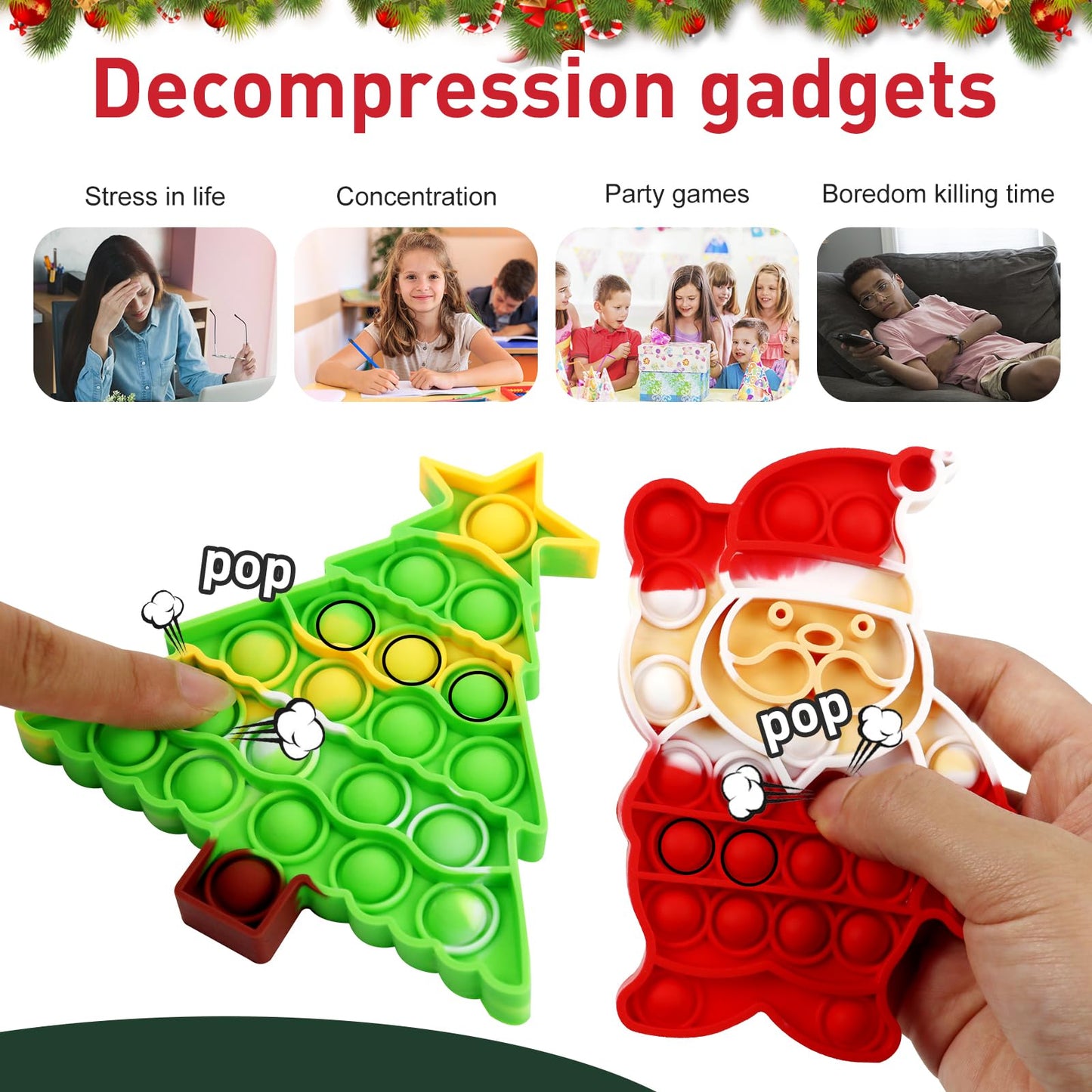 QETRABONE 6 Pcs Christmas Fidget Toy Set, Push Bubble Fidget Sensory Toy for Adult, Party Game Decor Gift Xmas Stockings Toys Christmas Decorations Autism ADHD Decompression Toys