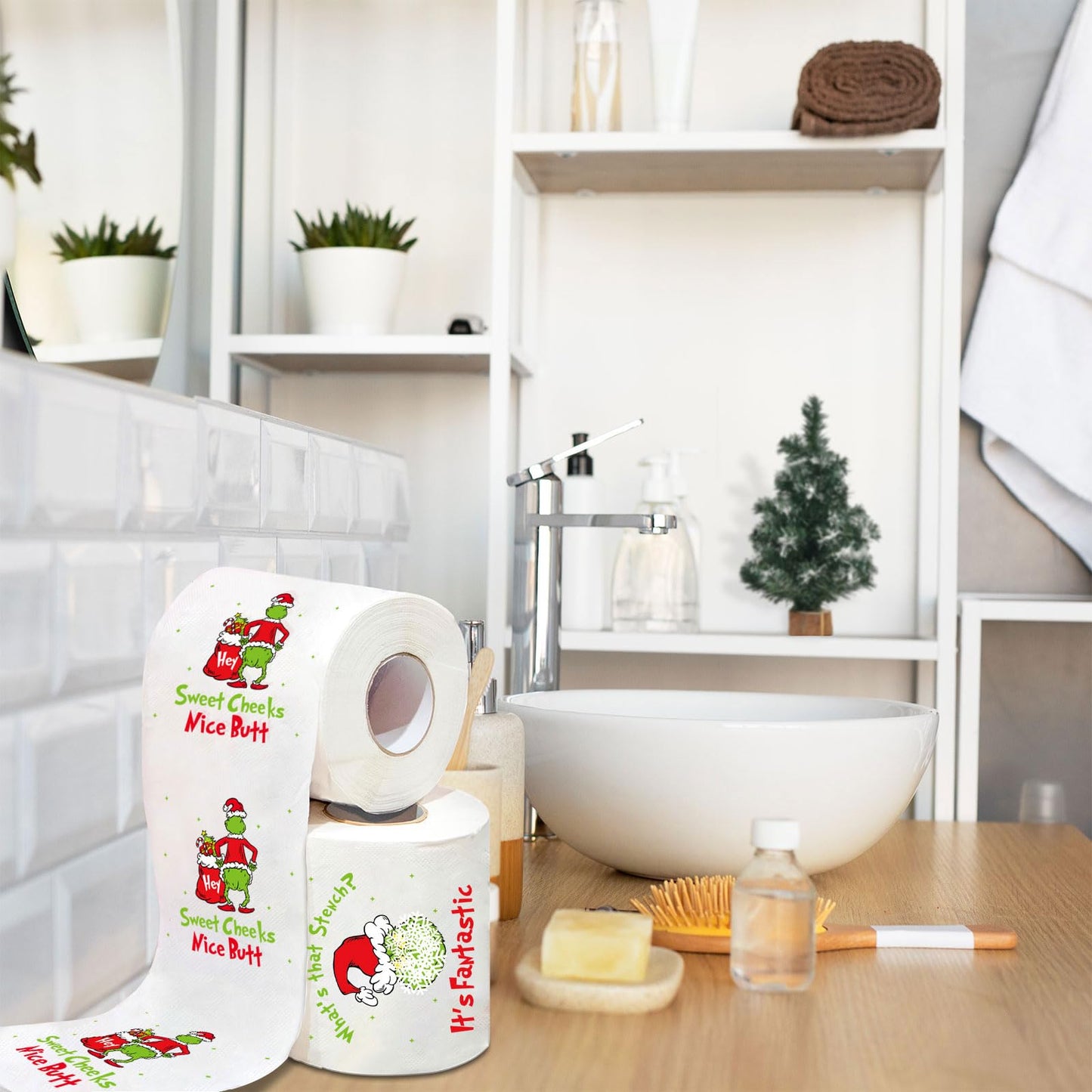 Funny Christmas Toilet Paper, 2 Rolls Holiday Bathroom Toilet Papers, Christmas Bathroom Decorations, White Elephant Gag Gift for Xmas Stocking Stuffers Party Supplies