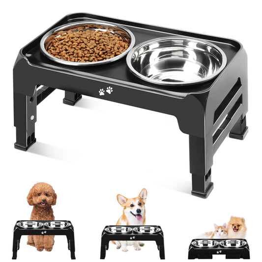 COMESOON Elevated Dog Bowls for Small Medium Dogs, 3 Height Adjustable Raised Stand with 2 Thick 6" Stainless Steel Food Bowls, Non-Slip Feeder Adjusts to 2.75", 6", 7.5", Black