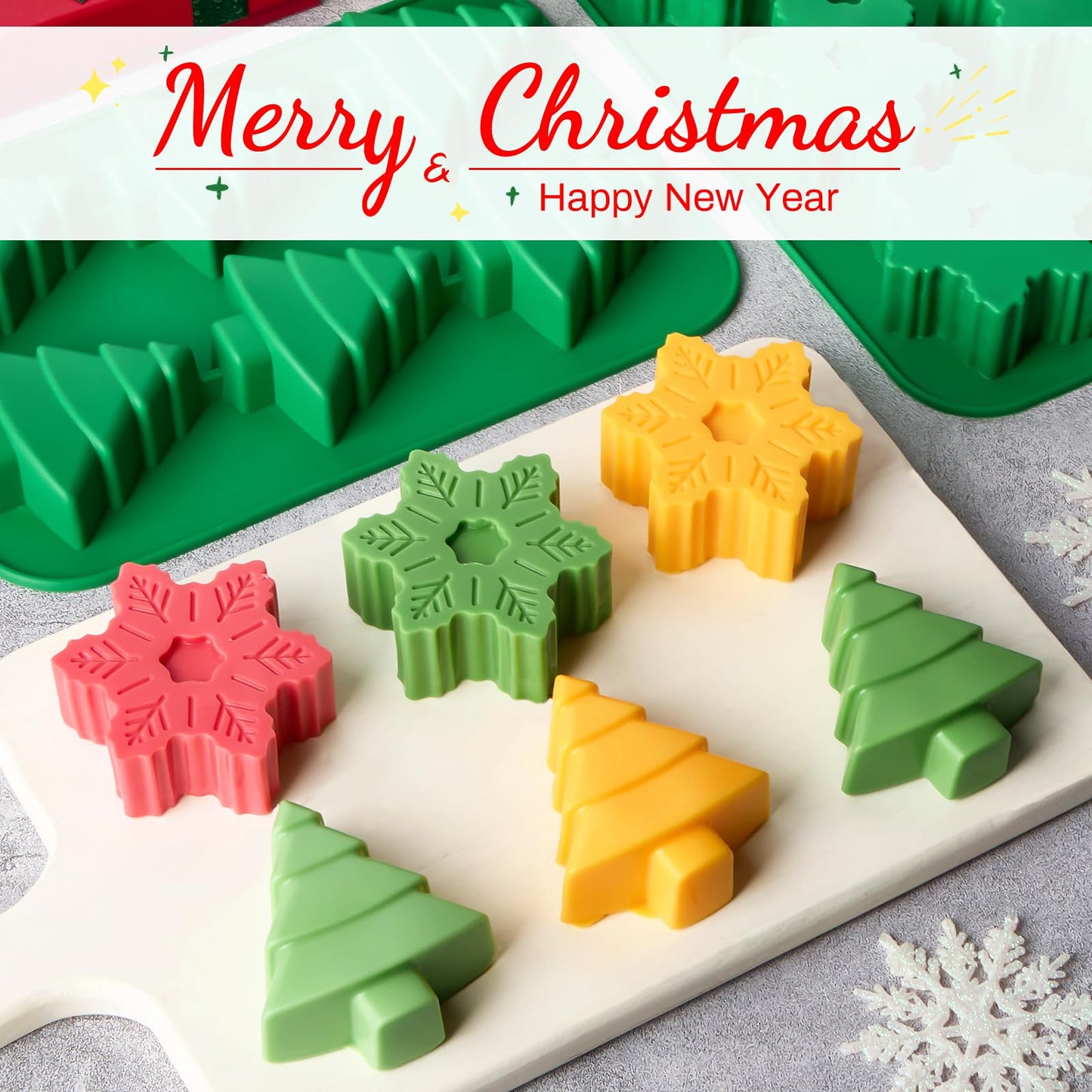 JOERSH Christamas Chocolate Silicone Molds, 3PCS Christmas Tree Snowflake Snowman Santa Claus Shaped Cake Mold Non Stick Baking Pan for Cake, Candy, Jello, Soap, Candle
