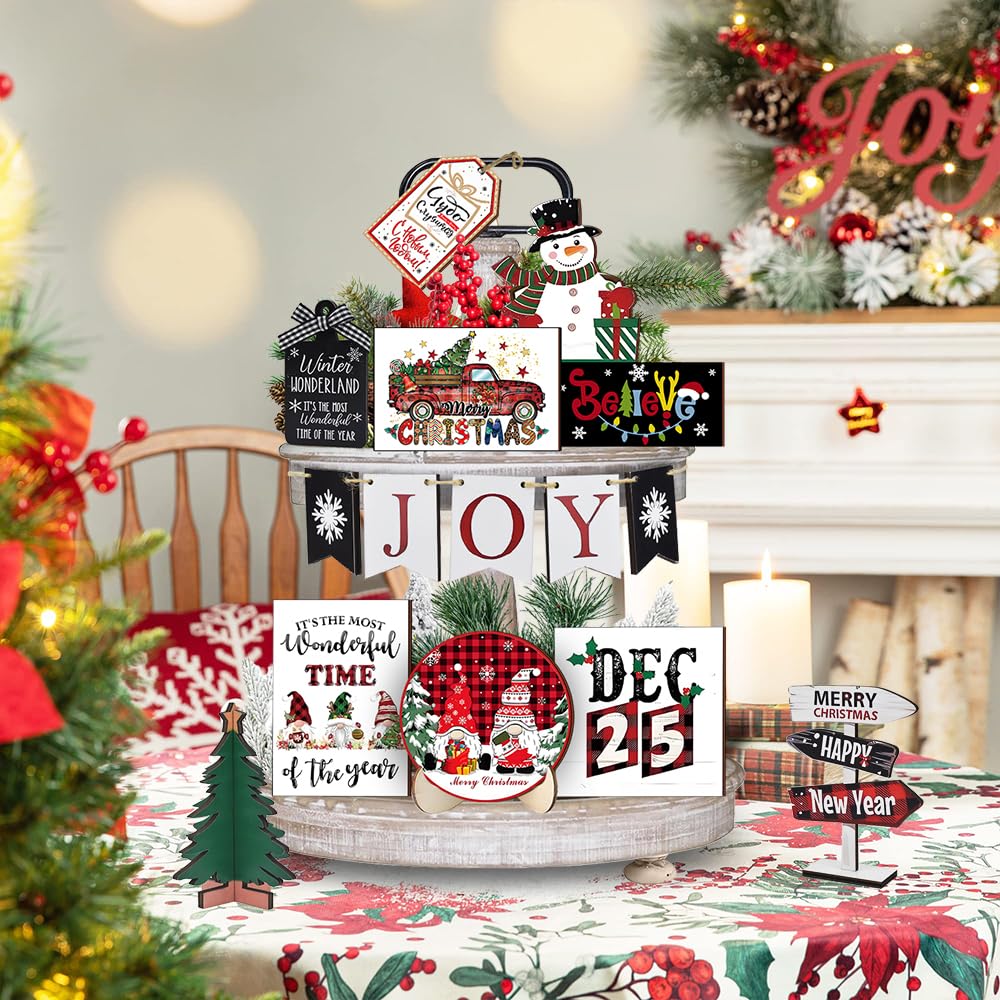 Nialnant 19 PCS Christmas Tiered Tray Decor, Christmas Tiered Tray Decorations Set, Snowflake Joy Snowman Wood Table Signs for Winter Table Centerpieces Home Decorations