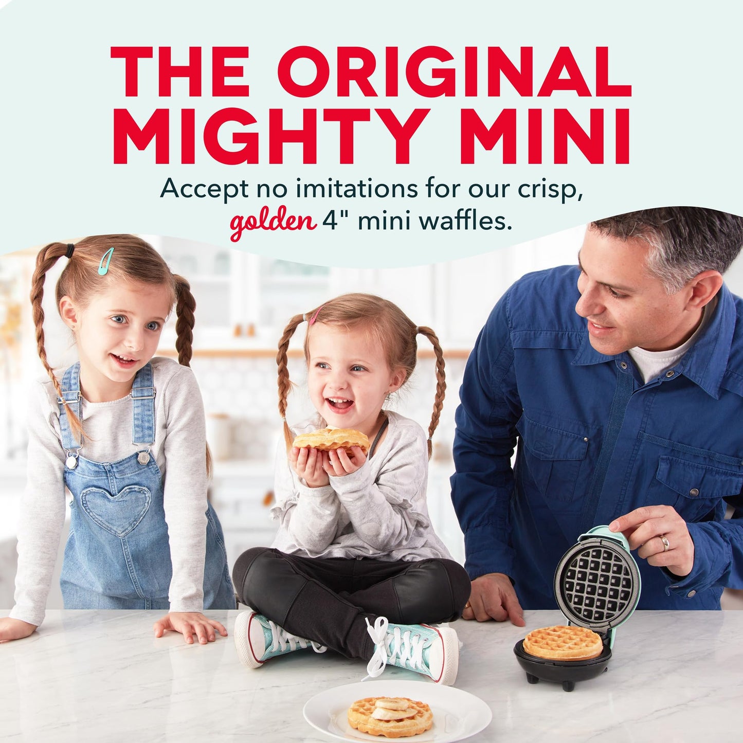 DASH Mini Waffle Maker - 4” Waffle Mold, Nonstick Waffle Iron with Quick Heat-Up, PTFE Nonstick Surface - Perfect Mini Waffle Maker for Kids and Families, Just Add Batter (Aqua)