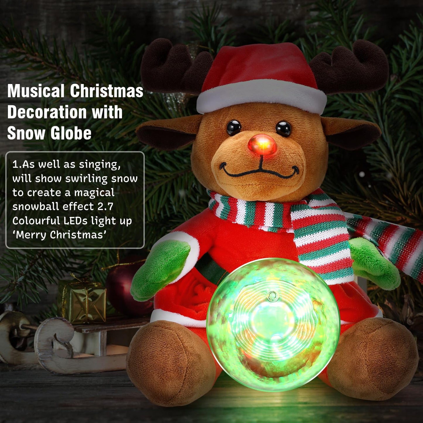 Laelr Singing Glowing Christmas Elk Toy 10'' Christmas Elk Stuffed Animal Plush Toy with Music Snow Globe and LED Lights Christmas Ornaments Musical Doll for Birthday Festivals Gifts for Boys Girls