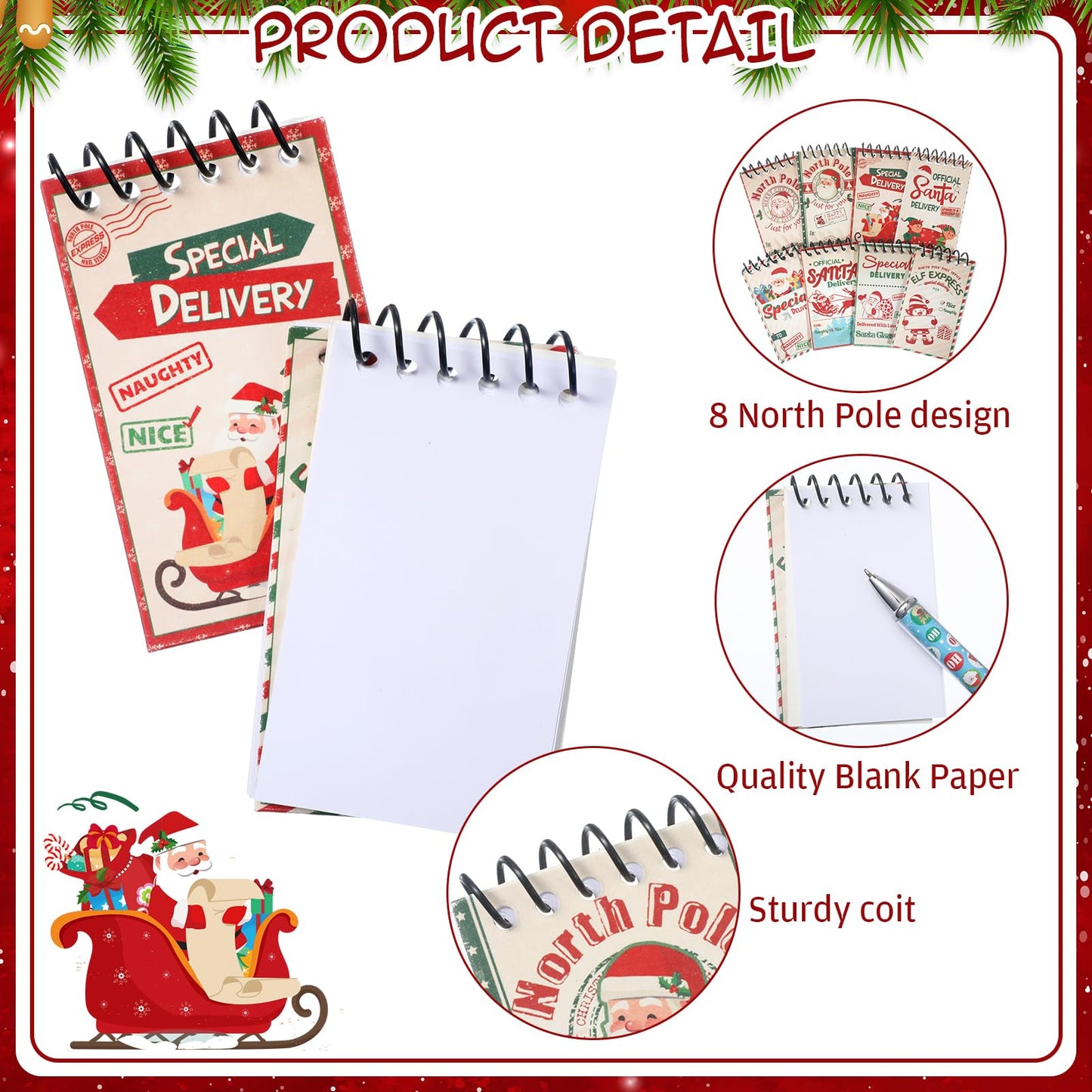 Zhanmai 32 Pcs Christmas Mini Notepads with Pens Set North Pole Spiral Notepads Official Santa Delivery Pens Xmas Memo Notebooks Ballpoint Pen for Kids Xmas Holiday Party(Classic Color)