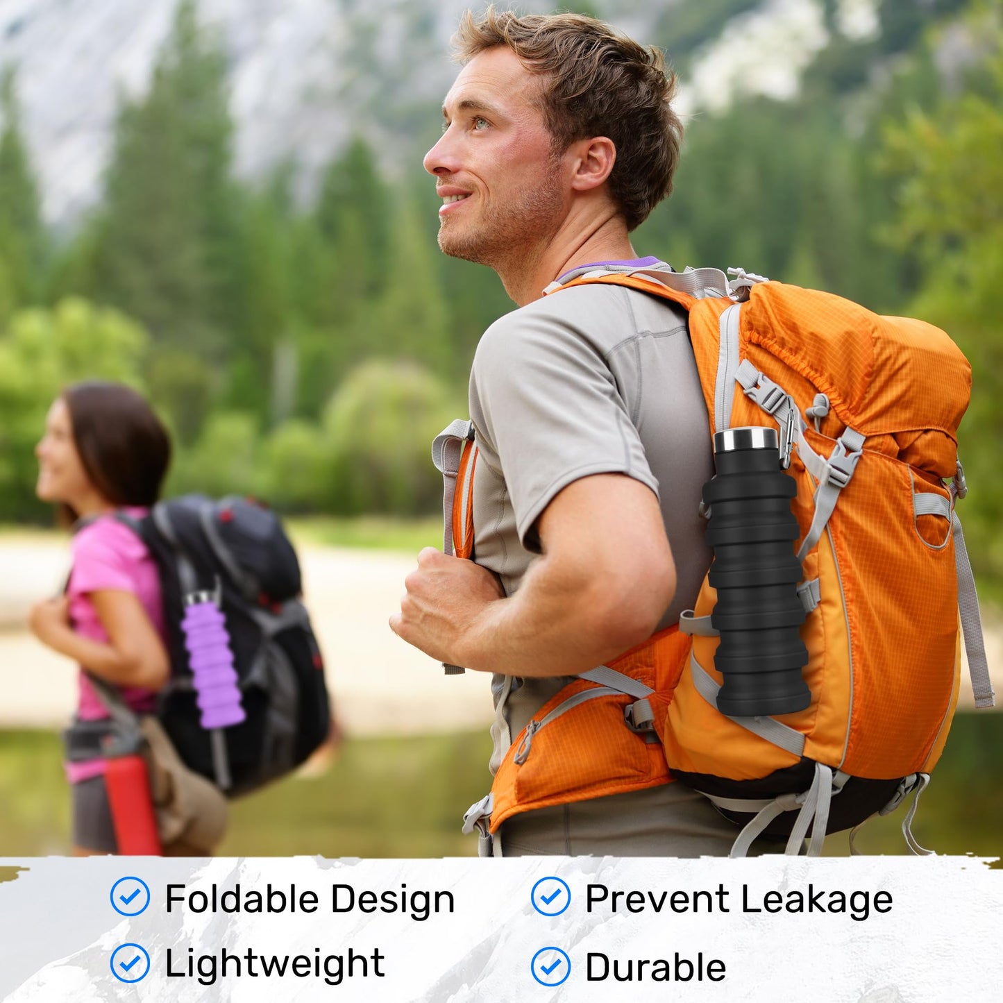 Rotayi Collapsible Water Bottle, 16oz Portable Reusable Silicone Water Bottle, BPA-Free Leak-Proof Foldable Design with Carabiner, Lightweight Durable for Gym, Travel, Camping, Hiking, Sports-Black