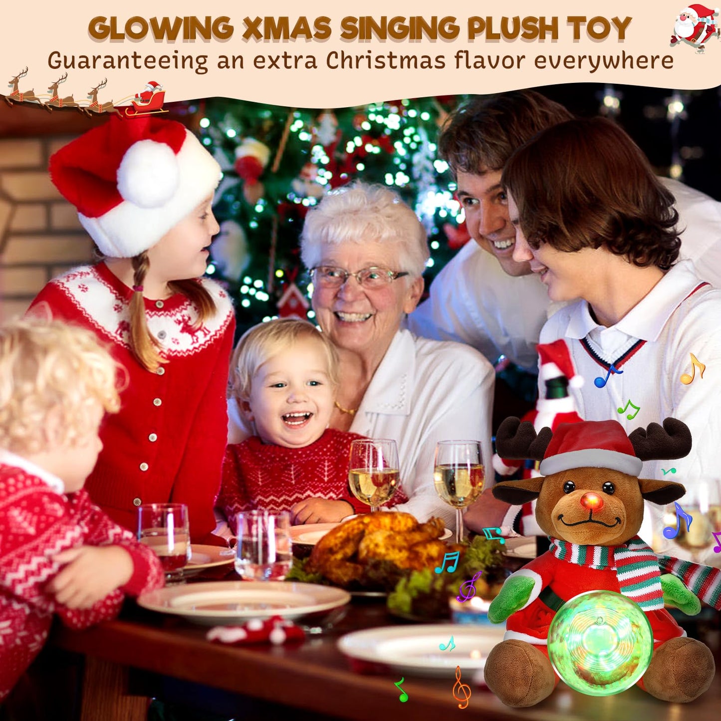 Laelr Singing Glowing Christmas Elk Toy 10'' Christmas Elk Stuffed Animal Plush Toy with Music Snow Globe and LED Lights Christmas Ornaments Musical Doll for Birthday Festivals Gifts for Boys Girls