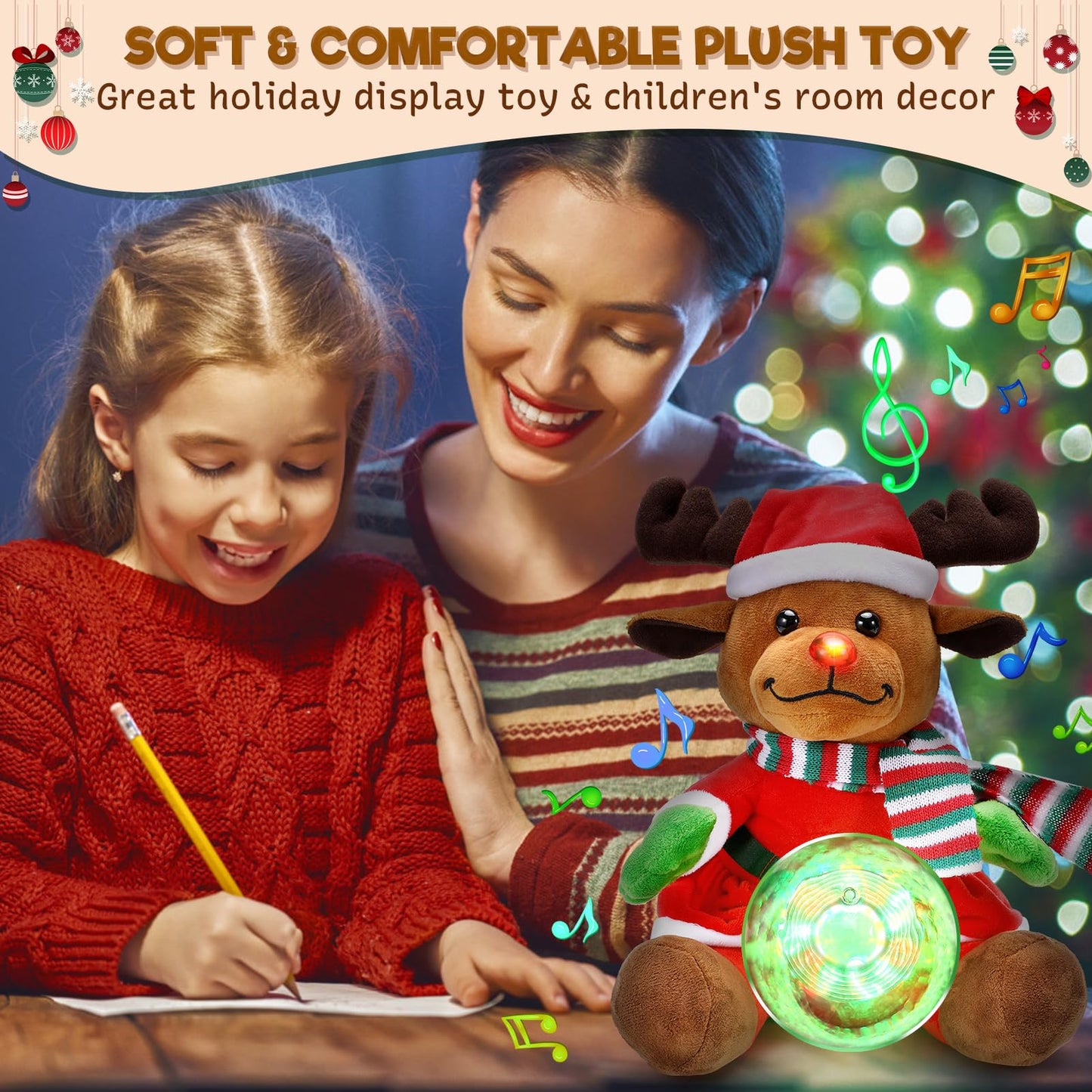 Laelr Singing Glowing Christmas Elk Toy 10'' Christmas Elk Stuffed Animal Plush Toy with Music Snow Globe and LED Lights Christmas Ornaments Musical Doll for Birthday Festivals Gifts for Boys Girls