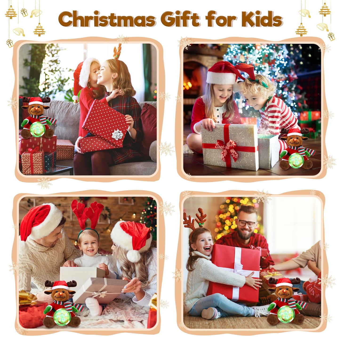 Laelr Singing Glowing Christmas Elk Toy 10'' Christmas Elk Stuffed Animal Plush Toy with Music Snow Globe and LED Lights Christmas Ornaments Musical Doll for Birthday Festivals Gifts for Boys Girls