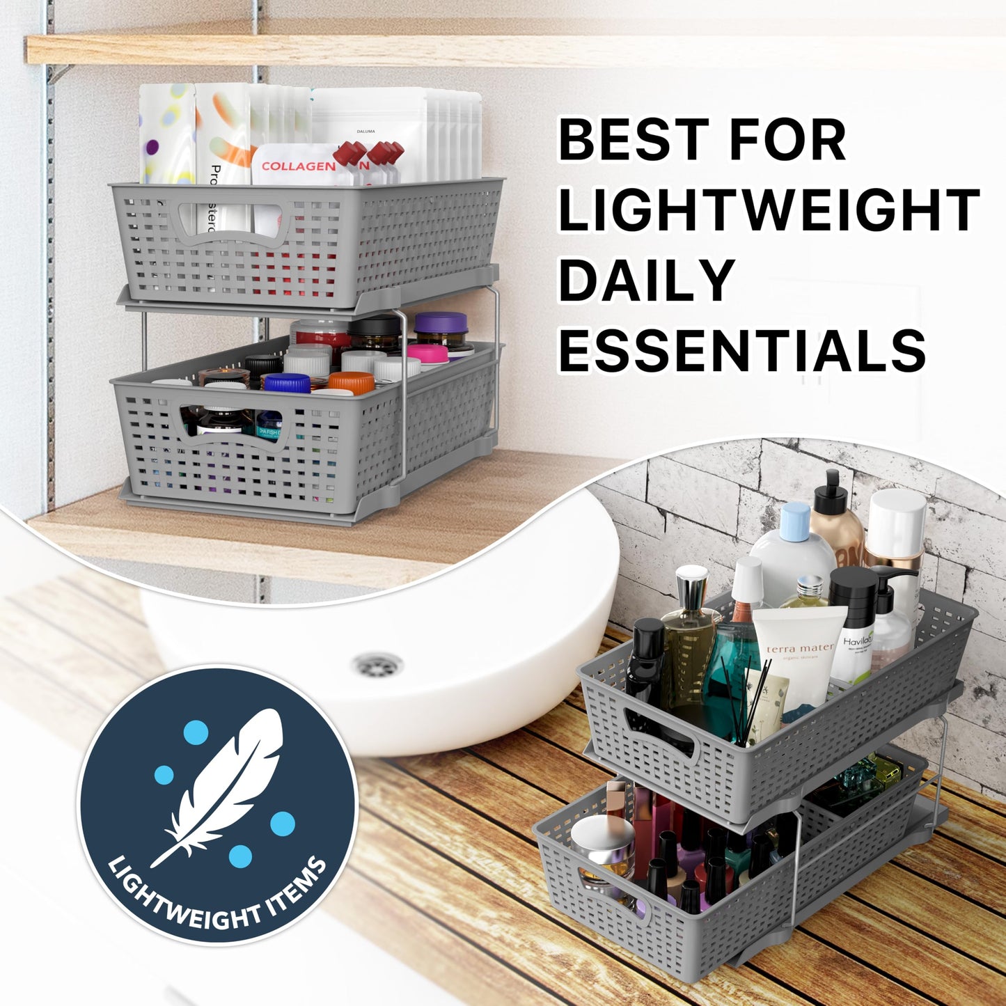 Simple Houseware 2 Tier Bathroom Organizer Tray Pull-Out Sliding Drawer, Under Sink Storage, Gray