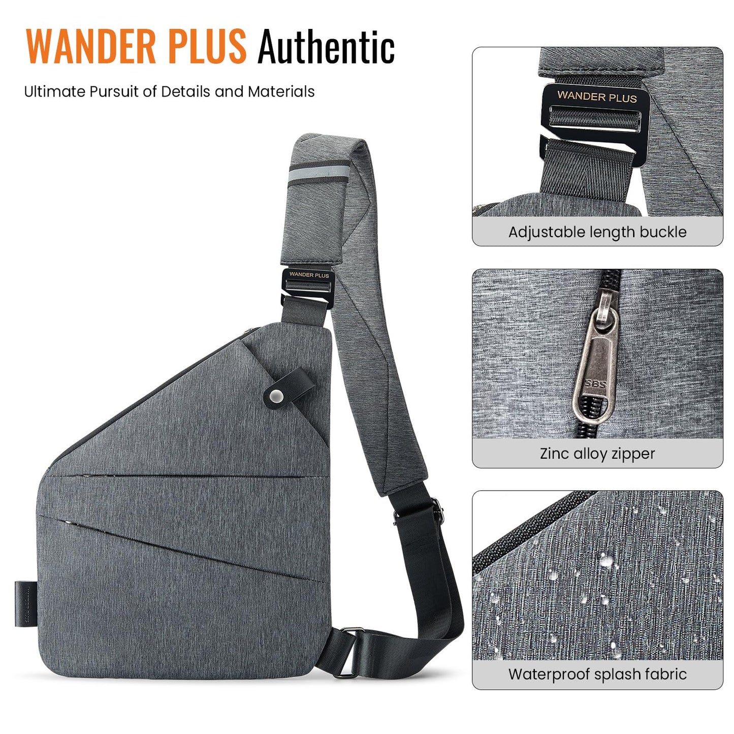 WANDER PLUS Anti Theft Crossbody Bag, Shoulder Bag Anti-theft Design for Travel, Sport, Work, Grey
