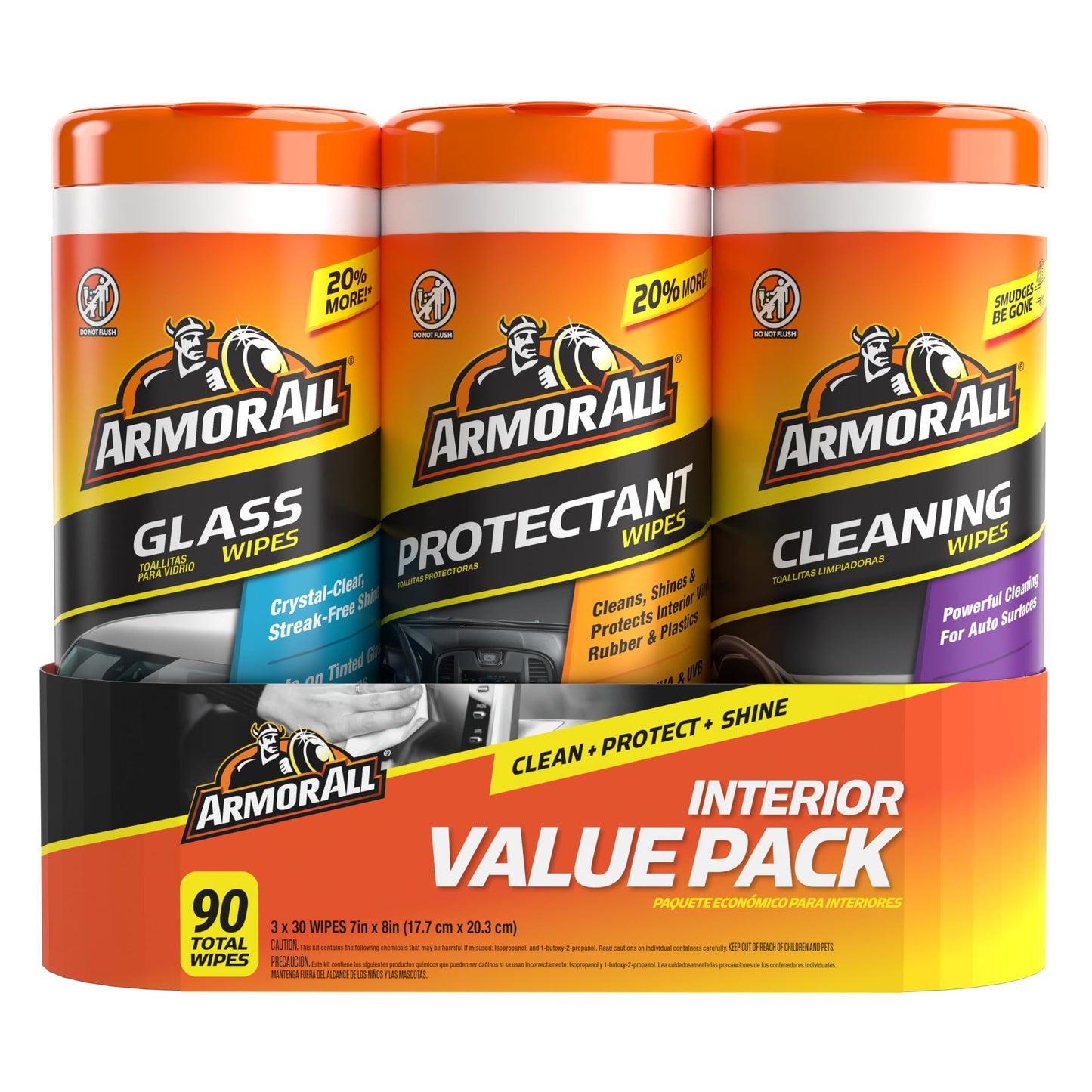 Armor All Protectant, Glass and Cleaning Wipes, Wipes for Car Interior and Car Exterior, 30 Count Each (Pack of 3)