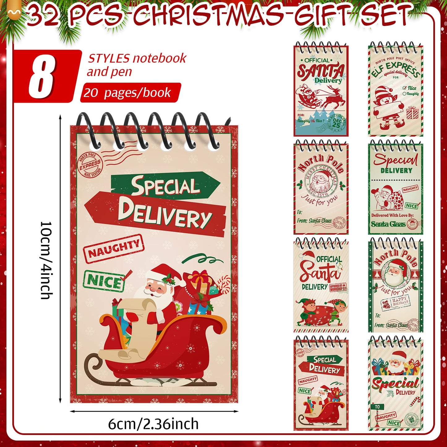 Zhanmai 32 Pcs Christmas Mini Notepads with Pens Set North Pole Spiral Notepads Official Santa Delivery Pens Xmas Memo Notebooks Ballpoint Pen for Kids Xmas Holiday Party(Classic Color)